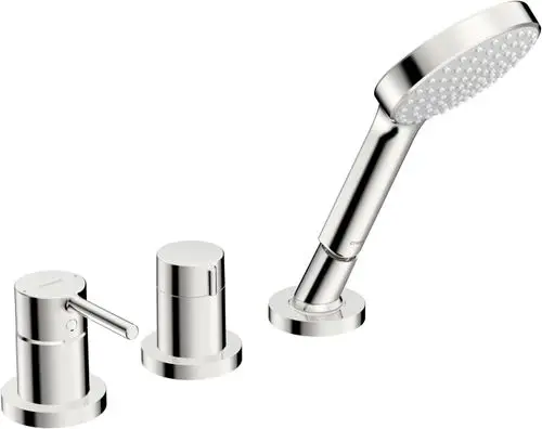 Moderne Badarmatur mit Handbrause und zwei Bedienknöpfen in glänzendem Edelstahl-Finish.